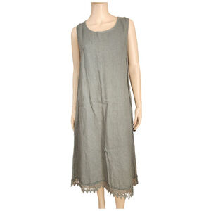 ROSEMARINE Olive Green Linen Midi Dress with Lace Trim Size M